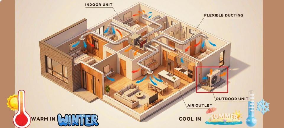 Cutaway illustration of a modern home HVAC layout demonstrating heating and cooling airflow cycles through ceiling vents and ductwork